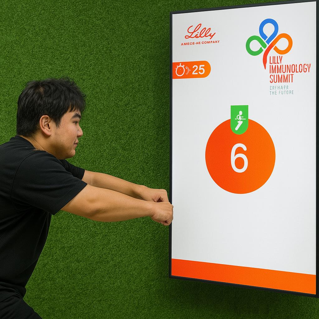 Participants enjoying the Squat Game Challenge at a corporate event in Dubai, engaging in fitness and team-building through real-time interactive squat tracking.